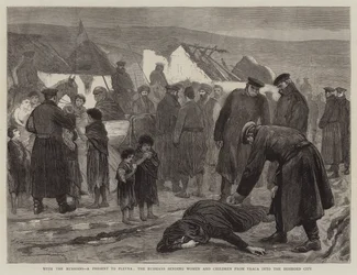 Avec les Russes, un présent pour Plevna, les Russes envoyant des femmes et des enfants de Vraca dans la ville assiégée